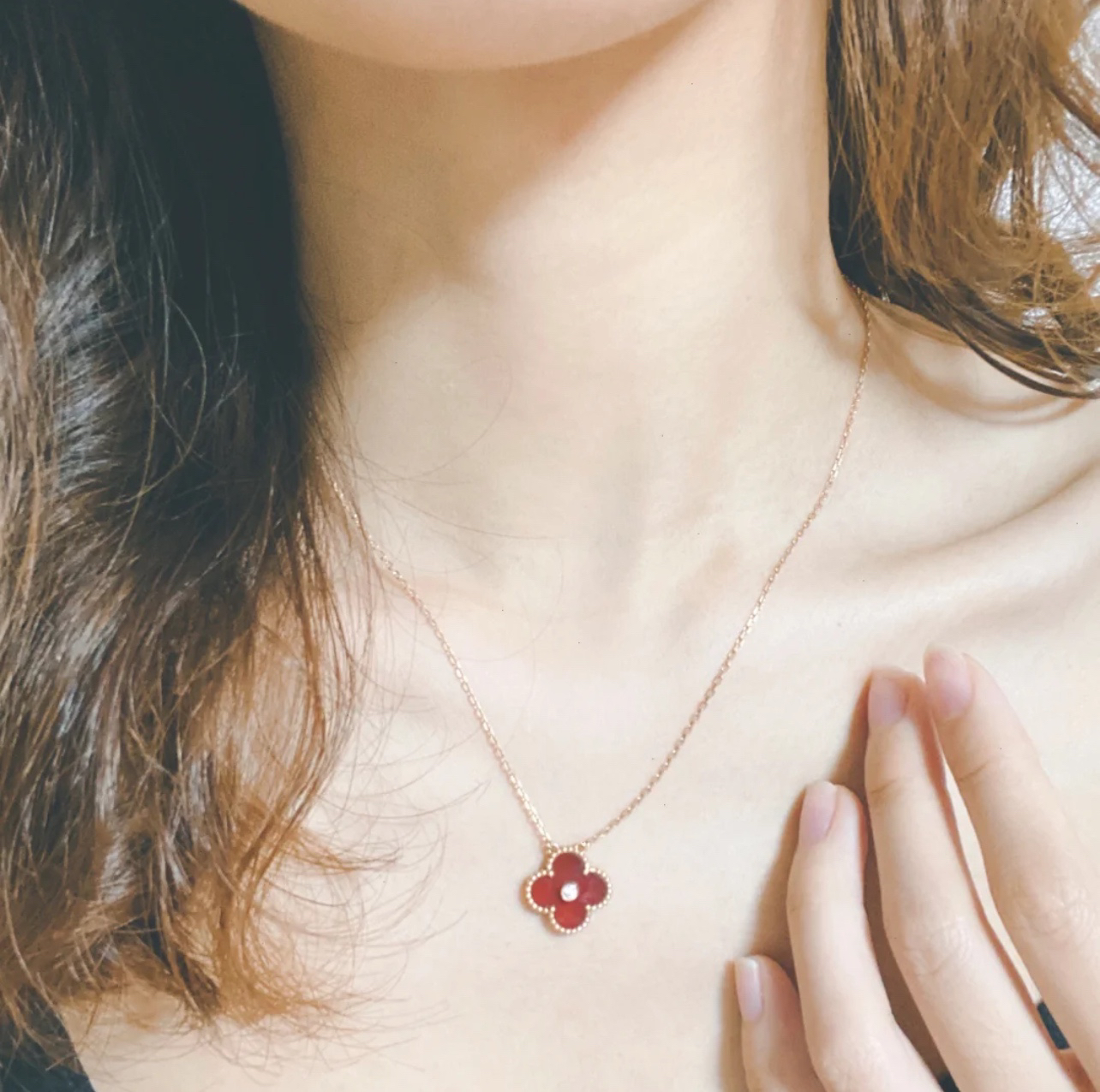 Vca单钻红四叶草项链，乱真精工，高品质，实拍，配全套专柜包装