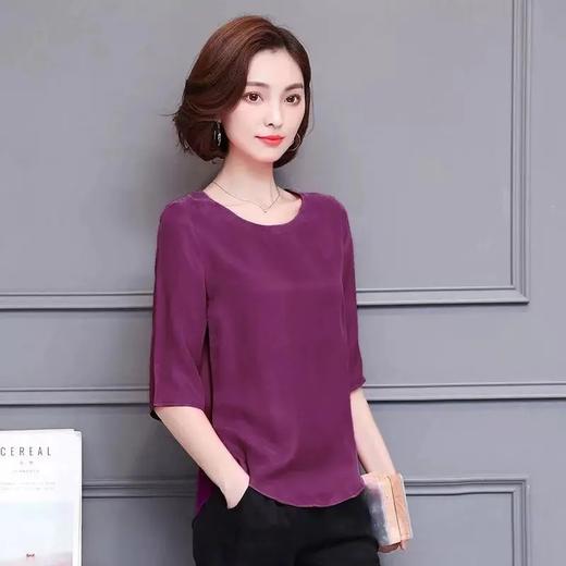 JXG-宽松重磅仿真丝上衣春秋新款大码七分袖t恤女纯色打底衫妈妈装 商品图4