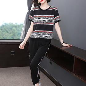 YY  2442时尚钩花条纹运动气质套装