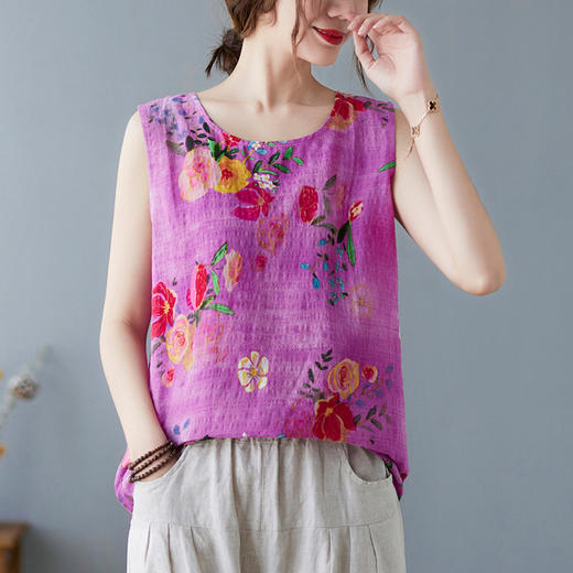 GYH  3486复古印花棉麻小背心T恤 商品图2