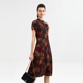 上海旗袍厂XT-21001-2万针绣花中国风女式连衣裙 桑蚕丝香云纱连衣裙女 微收腰A字裙