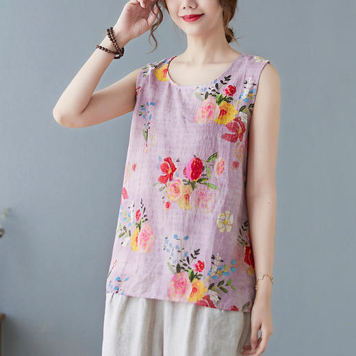 GYH  3486复古印花棉麻小背心T恤 商品图1