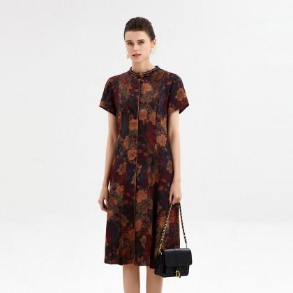 上海旗袍厂XT-21001-2万针绣花中国风女式连衣裙 桑蚕丝香云纱连衣裙女 微收腰A字裙 商品图5