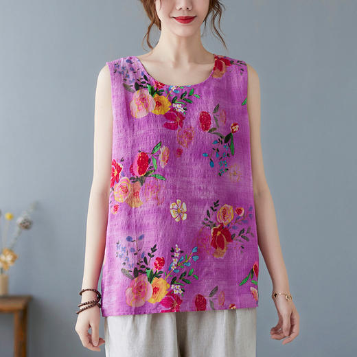 GYH  3486复古印花棉麻小背心T恤 商品图4