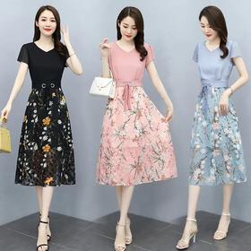 HR- WM21079 2021夏季新款时尚优雅气质腰部系带收腰显瘦修身连衣裙