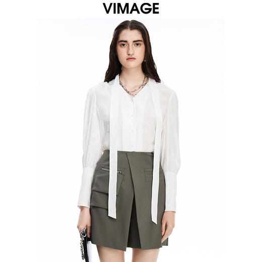 VIMAGE/纬漫纪秋款个性印花飘带宽松遮肉显瘦上衣女V1609202 商品图0