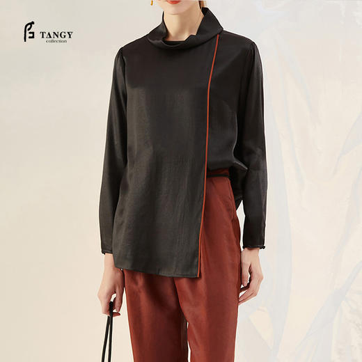TANGY Collection天意精品2021年秋冬新品桑蚕丝撞色线迹莨绸上衣 商品图0