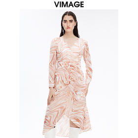 VIMAGE/纬漫纪新款秋季V领不规则裙摆优雅气质印花连衣裙薄V1607242