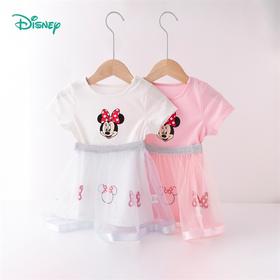 迪士尼女童夏季时尚洋气短袖长上衣短裙套装