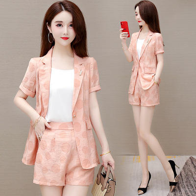 WE- HSY-X21A120女2021夏新款韩版修身中长款短袖小西装外套休闲短裤时尚三件套装 商品图3