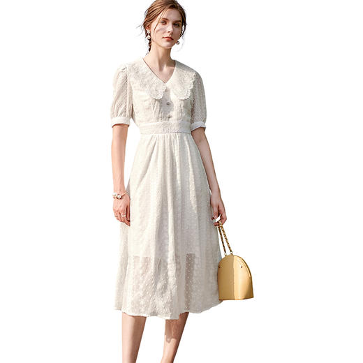 欧芮儿白色温柔风茶歇连衣裙2021新款夏收腰显瘦时尚气质蕾丝裙女 商品图3