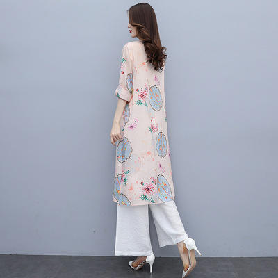 WZNH- WZ2170159 2021年夏装新款时尚简约复古风棉麻连衣裙套装两件套印花连衣裙 商品图1