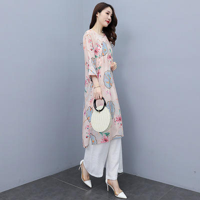 WZNH- WZ2170159 2021年夏装新款时尚简约复古风棉麻连衣裙套装两件套印花连衣裙 商品图3