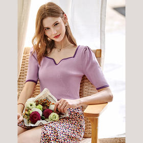 欧芮儿紫色针织衫薄款女夏2021新修身显瘦撞色拼边短款套头衫上衣