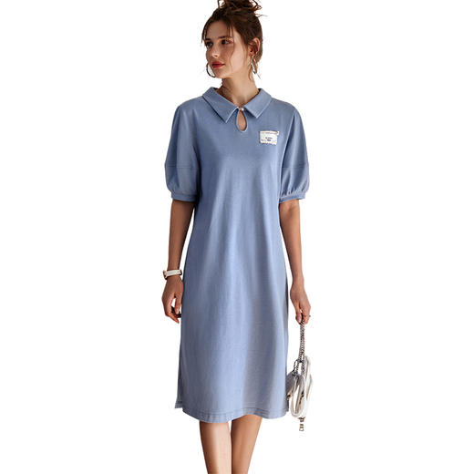 【欧芮儿POLO连衣裙2021夏收腰显瘦气质复古泡泡袖学院风针织蓝色裙 商品图3