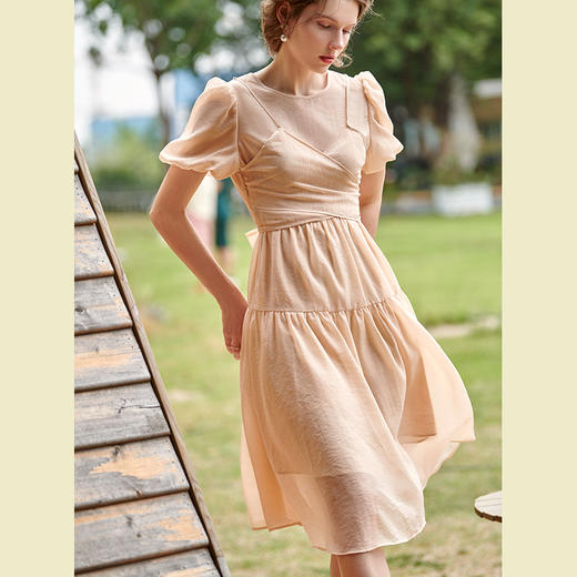 欧芮儿杏粉色连衣裙2021新款夏收腰显瘦法式泡泡纱优雅仙气女神裙 商品图1