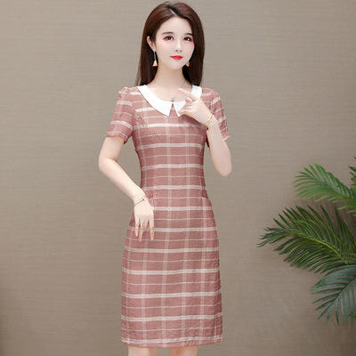 WE- SL-M2006 气质减龄娃娃领条纹连衣裙女中长款2021夏新款修身短袖大码打底裙 商品图1