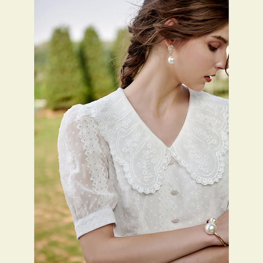 欧芮儿白色温柔风茶歇连衣裙2021新款夏收腰显瘦时尚气质蕾丝裙女 商品图2