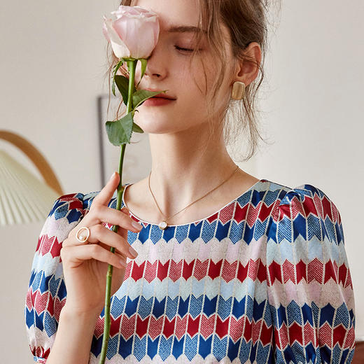 欧芮儿短袖雪纺连衣裙女2021新款收腰显瘦气质中长款撞色裙子 商品图1