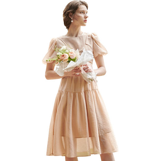 欧芮儿杏粉色连衣裙2021新款夏收腰显瘦法式泡泡纱优雅仙气女神裙 商品图3