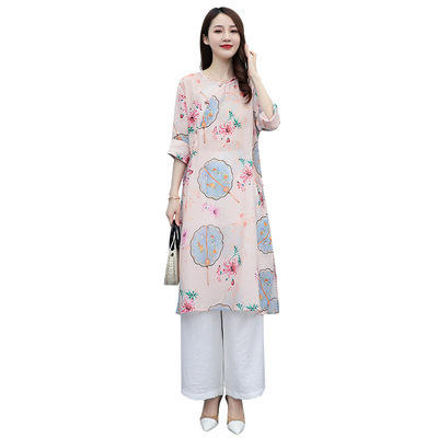 WZNH- WZ2170159 2021年夏装新款时尚简约复古风棉麻连衣裙套装两件套印花连衣裙 商品图2