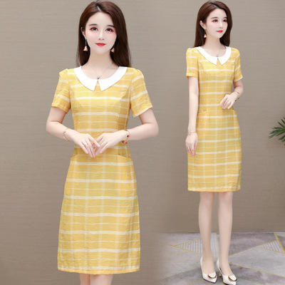 WE- SL-M2006 气质减龄娃娃领条纹连衣裙女中长款2021夏新款修身短袖大码打底裙 商品图4