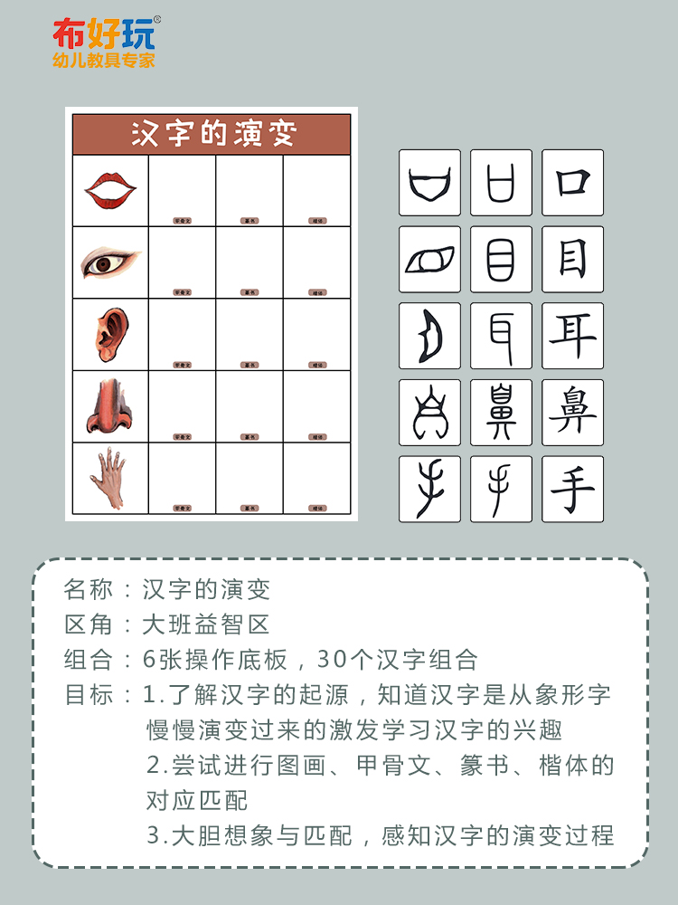 布好玩 幼儿园大班语言区角游戏汉字的演变认识汉字阅读看图识字