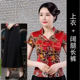 LYE2265新款复古优雅气质修身立领短袖印花唐装上衣裤子两件套 商品图4