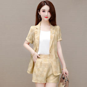 WE- HSY-X21A120女2021夏新款韩版修身中长款短袖小西装外套休闲短裤时尚三件套装