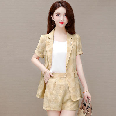 WE- HSY-X21A120女2021夏新款韩版修身中长款短袖小西装外套休闲短裤时尚三件套装 商品图0