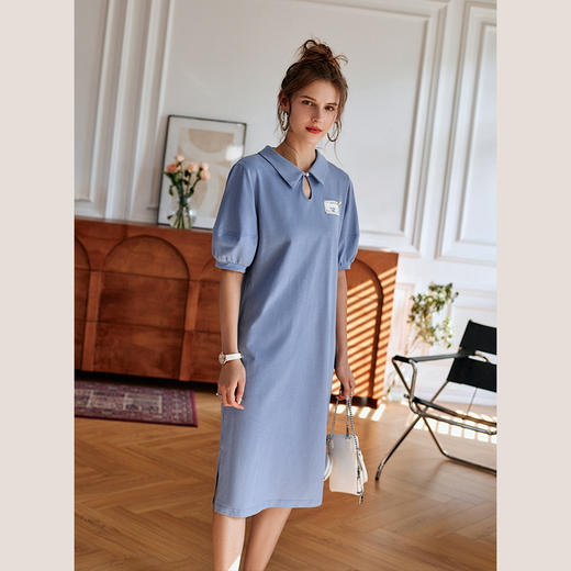 【欧芮儿POLO连衣裙2021夏收腰显瘦气质复古泡泡袖学院风针织蓝色裙 商品图1