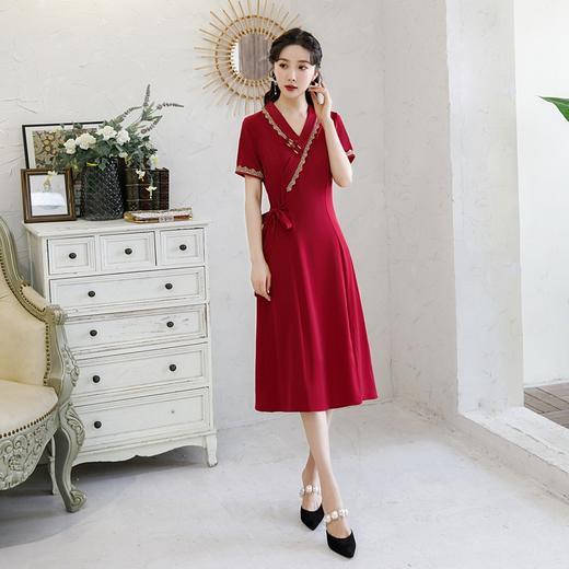 GSJ530新款复古优雅气质收腰显瘦V领短袖醋酸大摆连衣裙 商品图4
