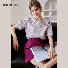【欧芮儿衬衫女夏薄款小众法式别致上衣女设计感2021新款短袖紫色衬衣