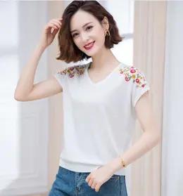 JXG-2021夏季新款妈妈t恤女夏短袖宽松冰丝小衫洋气刺绣V领上衣蝙蝠衫 商品图0