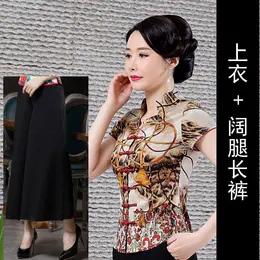LYE2265新款复古优雅气质修身立领短袖印花唐装上衣裤子两件套 商品图2