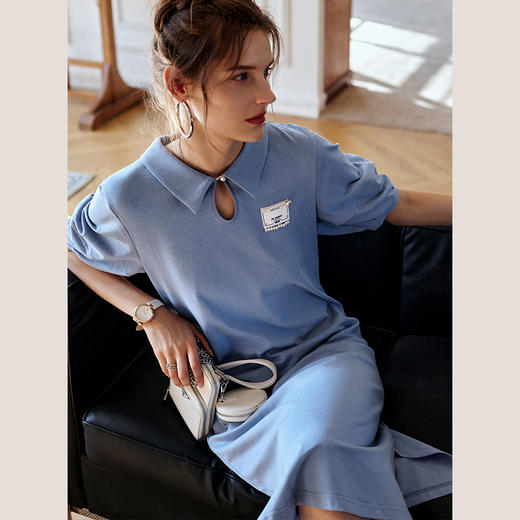 【欧芮儿POLO连衣裙2021夏收腰显瘦气质复古泡泡袖学院风针织蓝色裙 商品图2