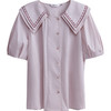 【欧芮儿衬衫女夏薄款小众法式别致上衣女设计感2021新款短袖紫色衬衣 商品缩略图3