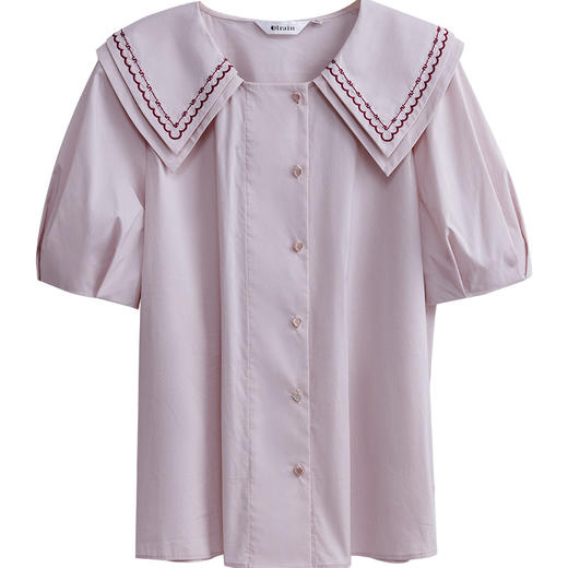 【欧芮儿衬衫女夏薄款小众法式别致上衣女设计感2021新款短袖紫色衬衣 商品图3