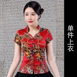 LYE2265新款复古优雅气质修身立领短袖印花唐装上衣裤子两件套 商品图1