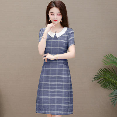 WE- SL-M2006 气质减龄娃娃领条纹连衣裙女中长款2021夏新款修身短袖大码打底裙 商品图2