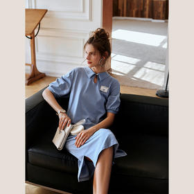 【欧芮儿POLO连衣裙2021夏收腰显瘦气质复古泡泡袖学院风针织蓝色裙