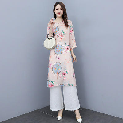 WZNH- WZ2170159 2021年夏装新款时尚简约复古风棉麻连衣裙套装两件套印花连衣裙 商品图4