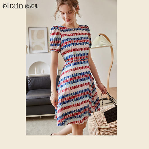 欧芮儿短袖雪纺连衣裙女2021新款收腰显瘦气质中长款撞色裙子 商品图0