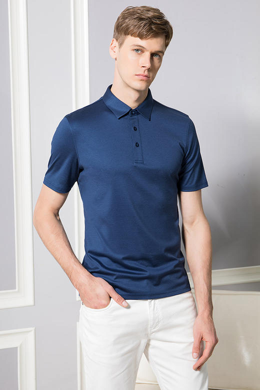 callisto蓝色短袖桑蚕丝棉翻领T恤  SQTSS212C-BL 商品图0