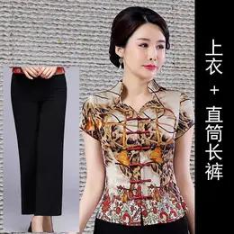 LYE2265新款复古优雅气质修身立领短袖印花唐装上衣裤子两件套 商品图3