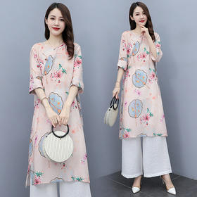 WZNH- WZ2170159 2021年夏装新款时尚简约复古风棉麻连衣裙套装两件套印花连衣裙