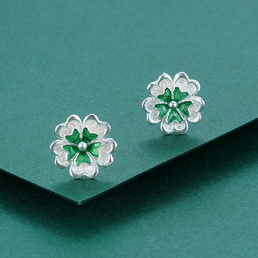 子佩集S990银【翠微花】耳钉【QFES014】花丝珐琅彩2107