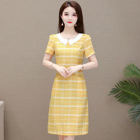 WE- SL-M2006 气质减龄娃娃领条纹连衣裙女中长款2021夏新款修身短袖大码打底裙