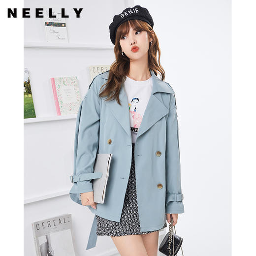 NEELLY纳俪海鸟蓝色短款女士风衣商场同款双排扣系带外套NE2008DF353 商品图0
