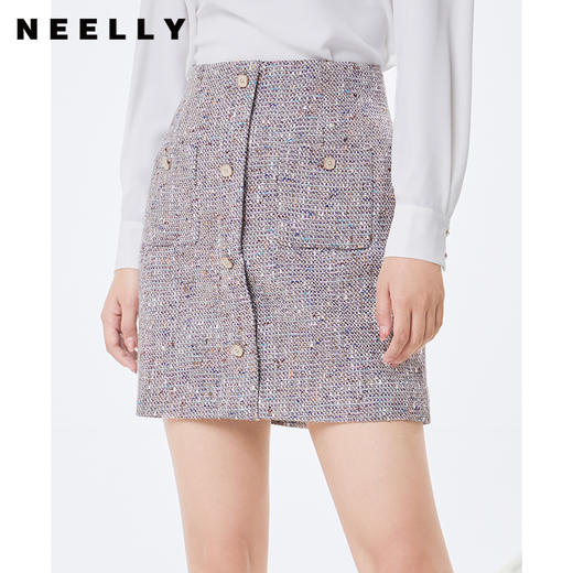 NEELLY纳俪2021秋季新品小香风高腰A字半身裙女毛呢修身显高短裙NE2008DE356 商品图0